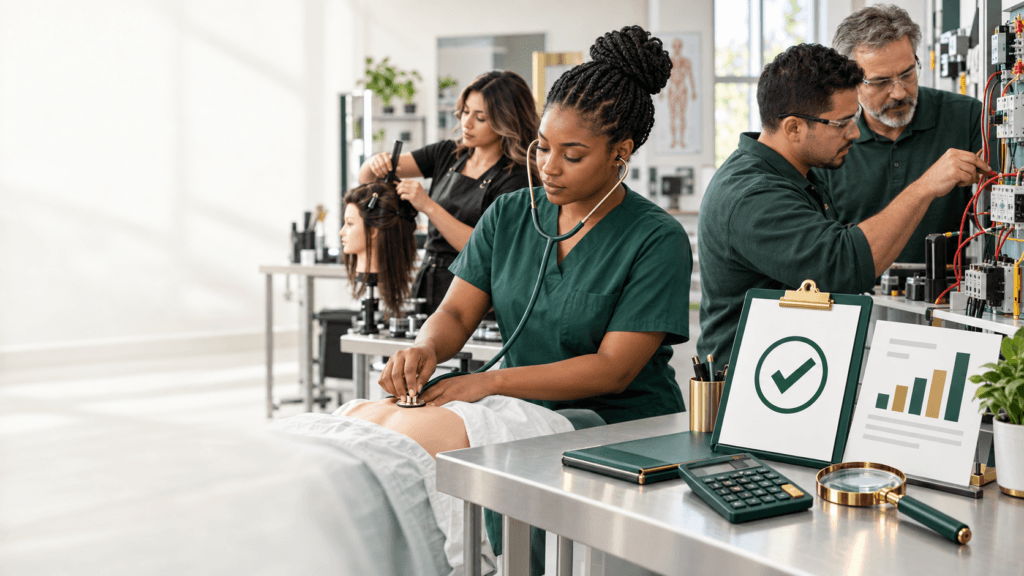 Vocational school students in nursing, cosmetology, and electrical training programs, with a compliance checklist and financial charts representing TWC financial statement requirements
